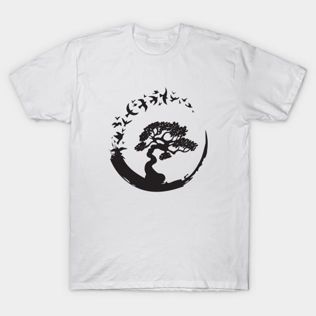 Bonsai Tree in Enso Circle Birds Tee T-Shirt by mstory